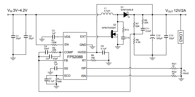FP5208（B）3-4.2v升压12V2A电路