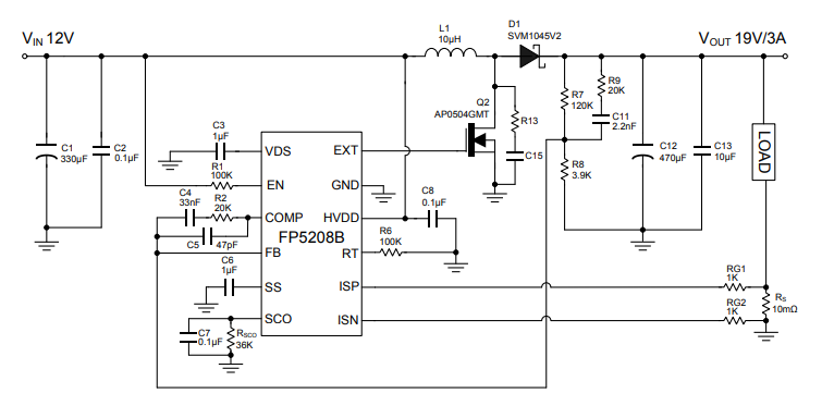 FP5208B芯片12v升压19V3A电路